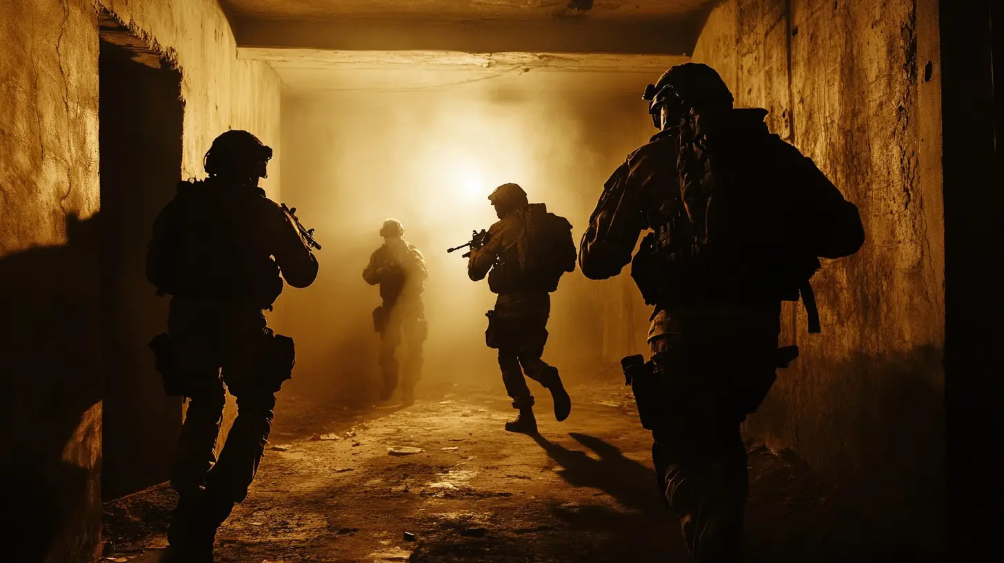 soldiers-advancing-underground-stockcake A group of soldiers in the dark with smoke coming from them.