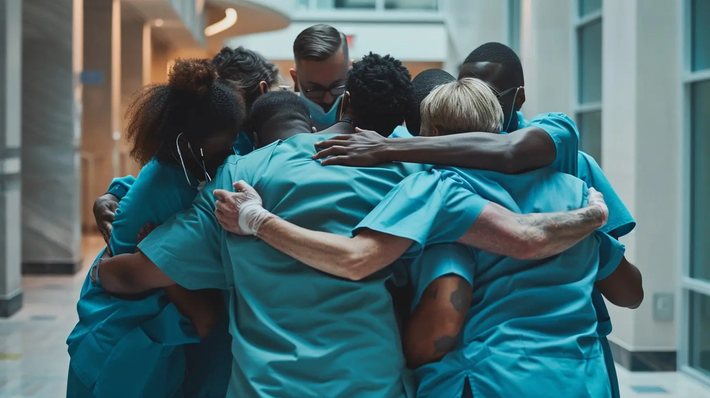 teamwork-in-healthcare-stockcake A group of doctors huddle together in the hospital.