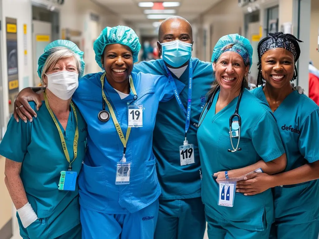 healthcare-team-smiling-stockcake A group of doctors standing in the hallway.